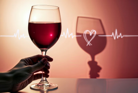 Glass of red wine with a heart health and heartbeat concept shadow.の素材