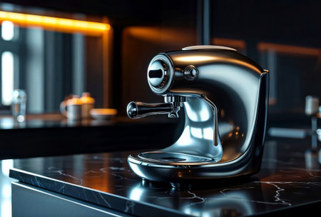Sleek chrome espresso machine on a black marble kitchen counter.の素材