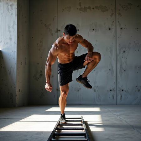 Athletic man performing a high knee exercise on an agility ladder.の素材