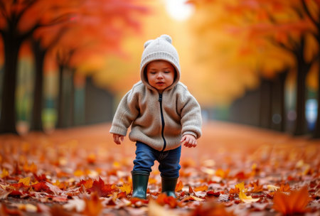 Toddler in hooded jacket walking on path with autumn leaves.の素材