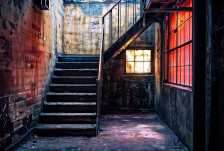 Grimy staircase in an abandoned, dark industrial basement.の素材