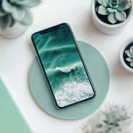 Smartphone on wireless charging pad on minimalist desk.の素材