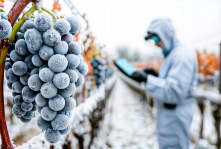 Frosted grapes on vine with technician in background at winter vineyard.の素材