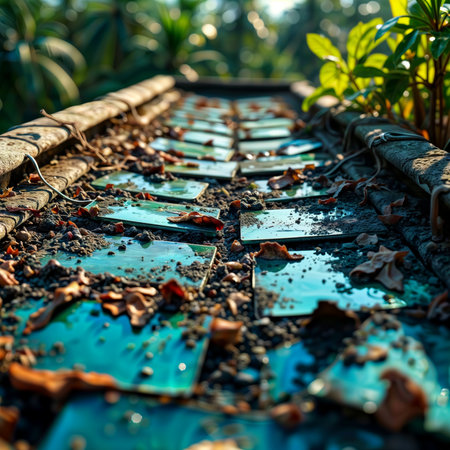 Weathered solar cells on ground with soil, leaves, and garden plants.の素材