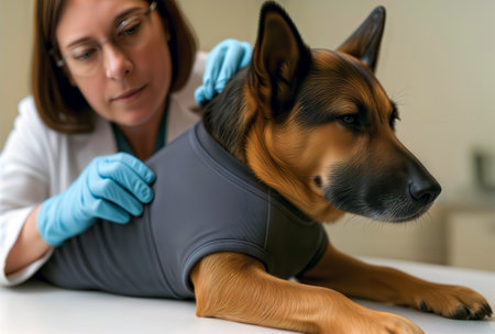 Veterinarian adjusting compression shirt on German Shepherd in clinic.の素材