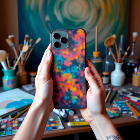 Colorful phone case held in hands in an art studio.の素材