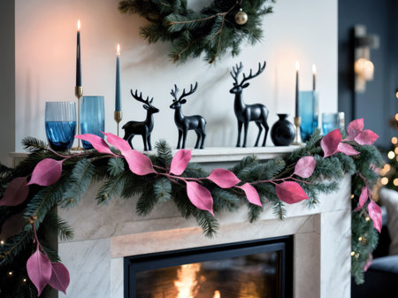 Festive mantel with evergreen garland, pink leaves, and black deer figurines in a cozy living room.の素材