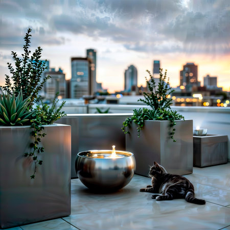 Cat relaxing on a modern rooftop patio with a city skyline at dusk.の素材