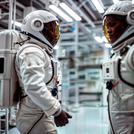 Two astronauts in spacesuits talking in a futuristic research facility.の素材