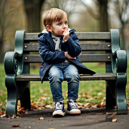 Young boy in a blue jacket sitting alone on a park bench in autumn.の素材