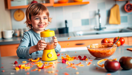 Smiling boy using a small blender to make a fruit smoothie in the kitchen.の素材