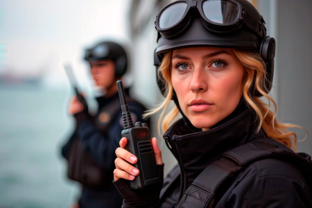 Woman in tactical gear with helmet and radio looking at camera.の素材