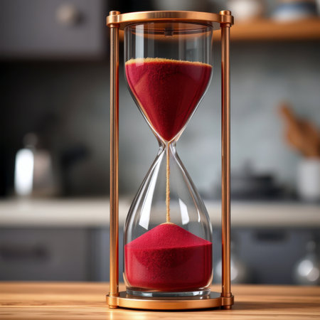 Hourglass with red sand counting down time on a wooden table in a kitchen.の素材