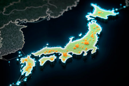 Digital map of Japan with glowing nodes representing network or population data.の素材