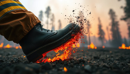 Firefighter boot stepping on hot embers outdoors.の素材