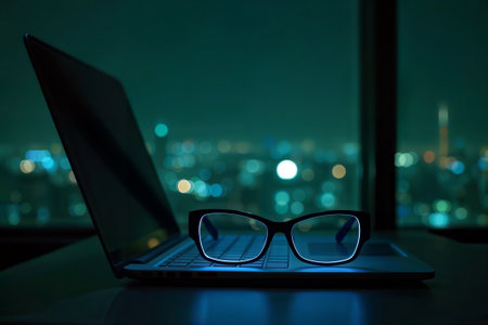 Eyeglasses on a laptop keyboard with a glowing city skyline at night in the background.の素材