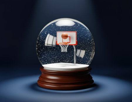 Basketball hoop and ball inside a glass snow globe with falling snow.の素材