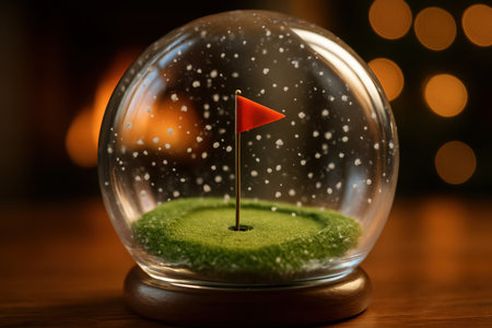 Golf snow globe with a red flag on a green against a warm bokeh background.の素材