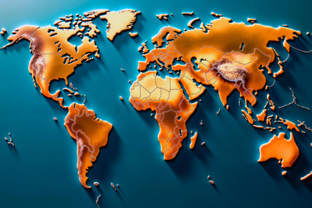 3D world map with continents and country borders on a blue background.の素材
