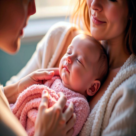 Mother holding a sleeping newborn baby in soft natural light.の素材