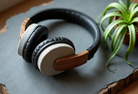 Close-up of wood and concrete headphones on wooden slab with houseplant.の素材