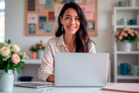 Smiling woman working at laptop in a bright home office. Space for text.の素材