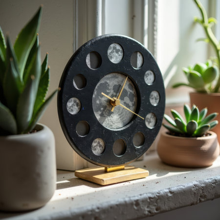 Moon phase clock and succulent plants on a sunny windowsill.の素材