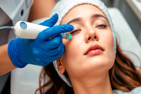 Woman receiving a microneedling facial treatment from a cosmetologist.の素材