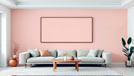 Minimalist living room with a large blank horizontal frame. Space for text.の素材