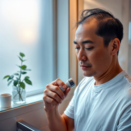 Man in a white shirt examining a small handheld device.の素材