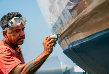 Man polishing the hull of a boat with a power tool outdoors.の素材