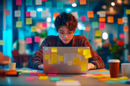 Woman working on a laptop covered with colorful sticky notes in a creative office.の素材