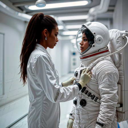Technician assisting an astronaut with her spacesuit in a futuristic hallway.の素材
