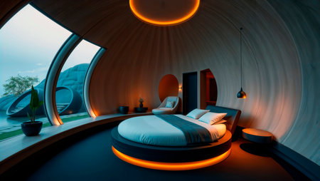 Futuristic round bedroom with a circular bed, ambient lighting, and a large curved window.の素材
