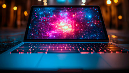 Laptop with a vibrant galaxy and nebula wallpaper on the screen at night.の素材