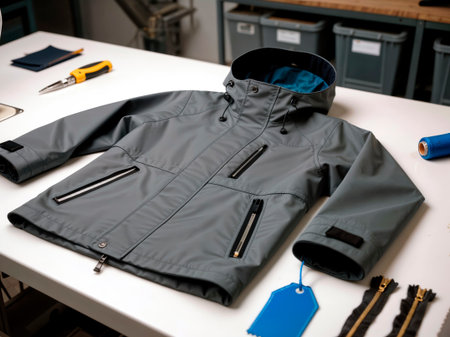 Gray technical jacket on a workbench with tailoring tools and materials.の素材