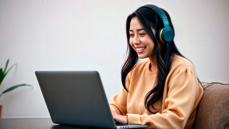 Smiling young Asian woman wearing headphones and using a laptop computer indoors.の素材