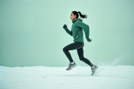 Woman running in the snow wearing green athletic hoodie.の素材