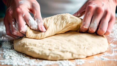 Close up of hands kneading dough on a floured wooden surface.の素材