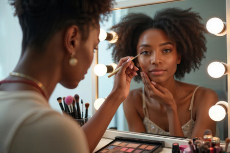 Black woman applying eyeliner in front of a lighted vanity mirror.の素材