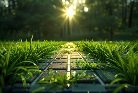 Sun flare over wet green grass growing through stone garden path.の素材
