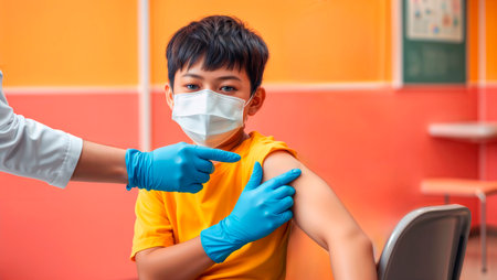 Boy in a face mask receives a vaccine injection from a doctor in a clinic.の素材