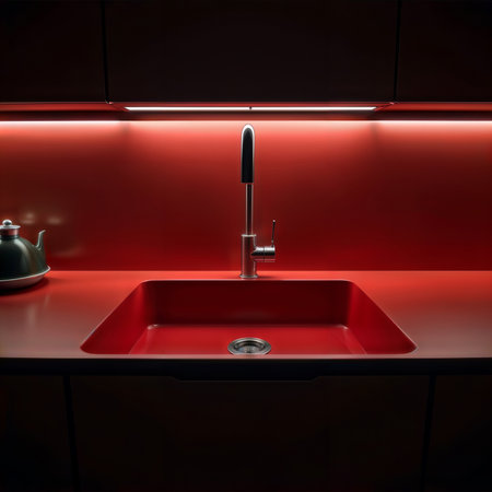 Red kitchen sink with chrome faucet under cabinet LED lighting.の素材