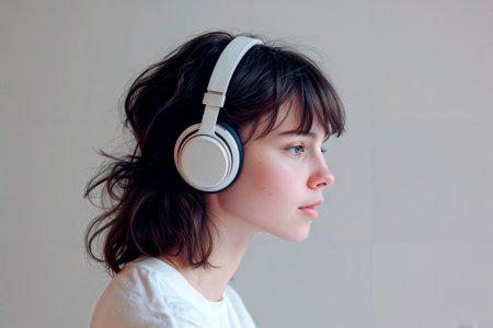 Young woman in profile wearing modern white wireless over-ear headphones.の素材