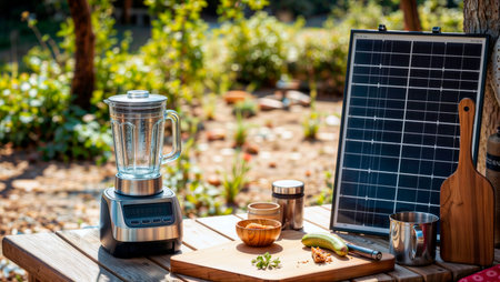 Blender and portable solar panel on a wooden table outdoors for off-grid power.の素材