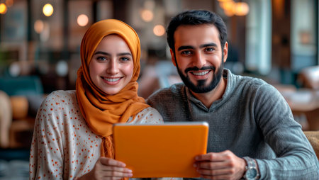 Young couple with tablet computer smiling together in a cafe.の素材