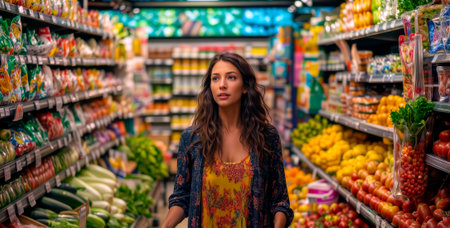 Woman pushing shopping cart in a grocery store aisle.の素材