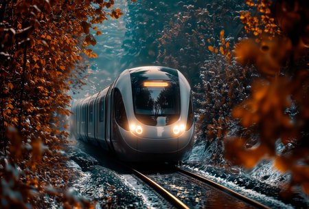 Modern train traveling through a snowy autumn forest tunnel.の素材