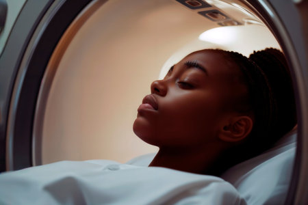 Young woman with eyes closed undergoing an MRI scan at a hospital.の素材