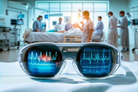 AR smart glasses displaying vital signs in a modern hospital room.の素材